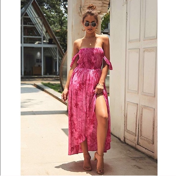Pink Tie Dye Off The Shoulder Maxi Dress - Picture 2 of 3